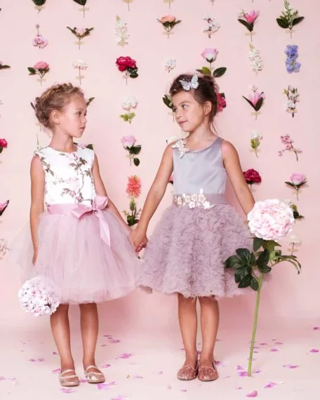 Feestjurkje bruidmeisjes jurkje roze kind meisje tule bloemen bruiloft kort