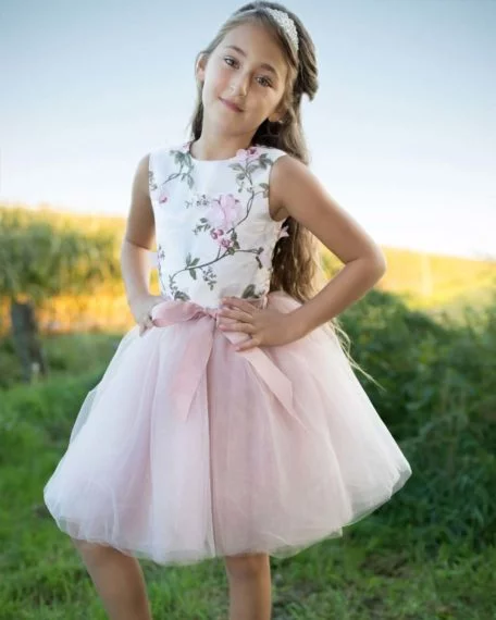 Feestjurkje bruidmeisjes jurkje roze kind meisje tule bloemen bruiloft kort