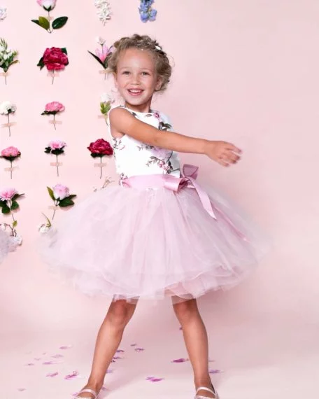 Feestjurkje bruidmeisjes jurkje roze kind meisje tule bloemen bruiloft kort