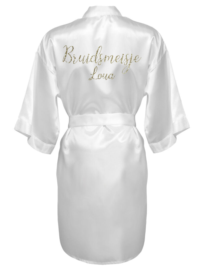 Kimono met naam voor bruidsmeisjes – dames – gouden glitter tekst