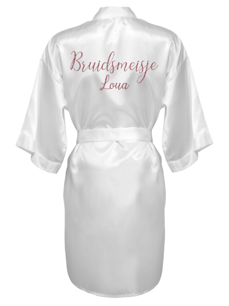 Kimono met naam voor bruidsmeisjes – dames – rosé gouden glitter tekst