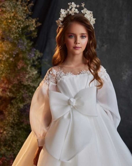 Witte bruidsmeisjes jurk met strik en kant