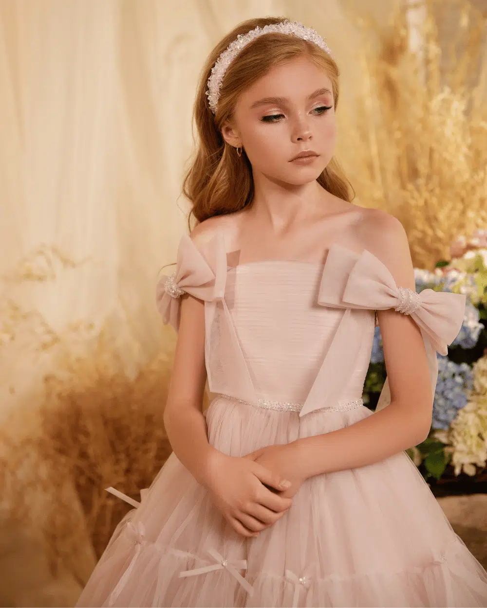 zachtroze communiejurk met strikken lange jurk