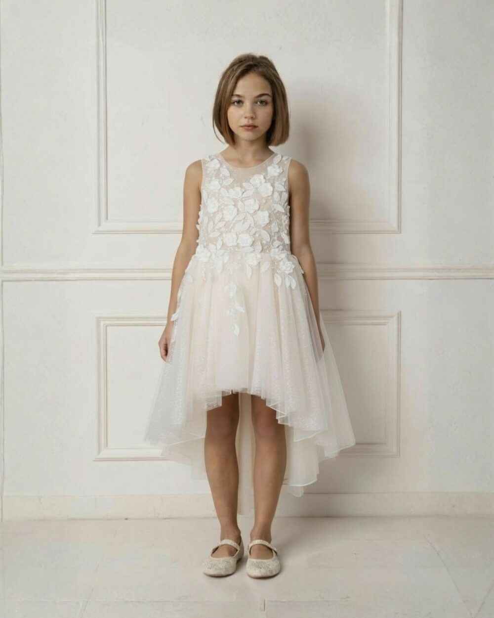 Tiener in bruidsmeisjes jurk