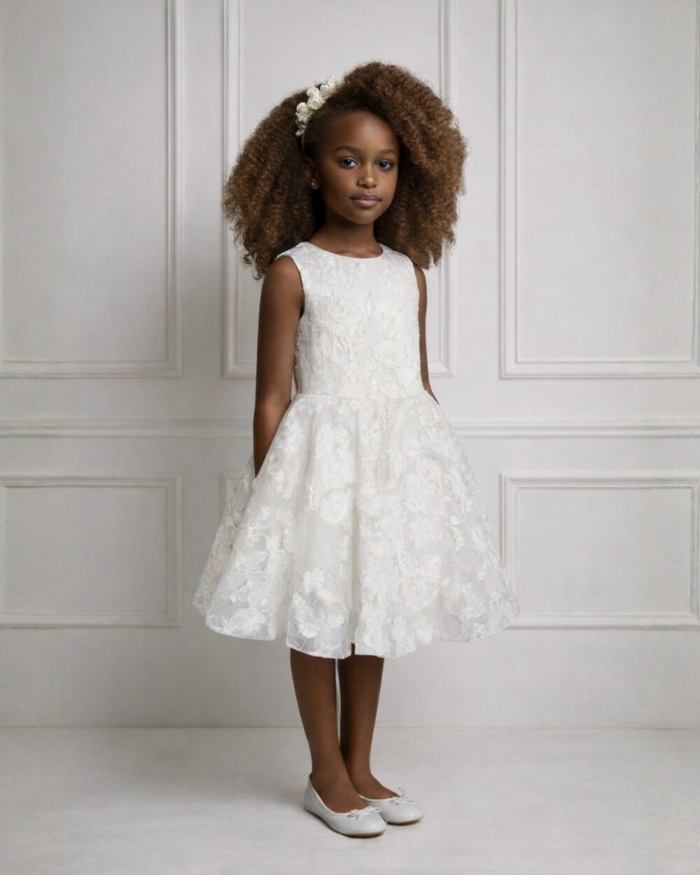 Meisje in ivoren bloemenjurk