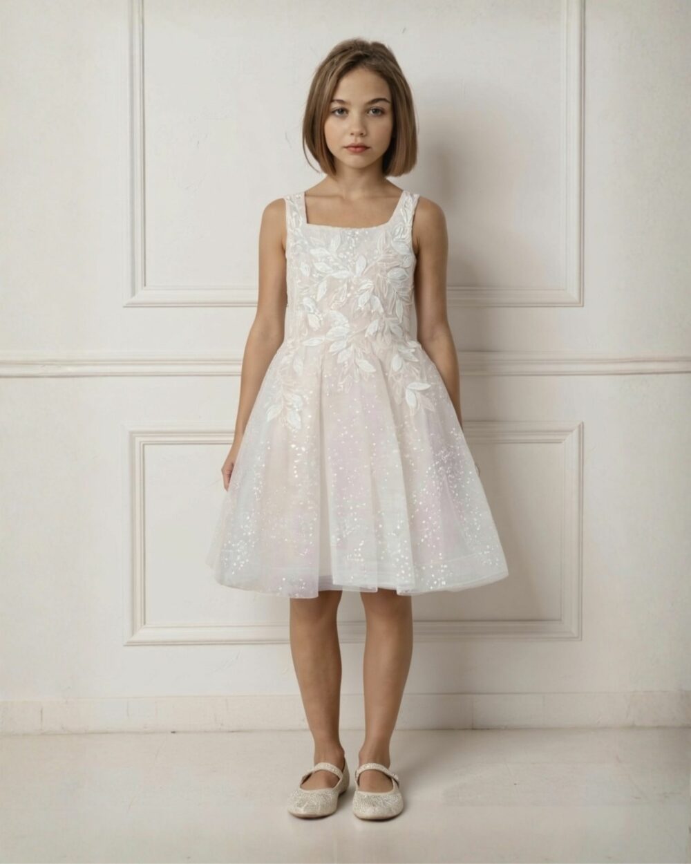 tiener in bruidsmeisje jurkje