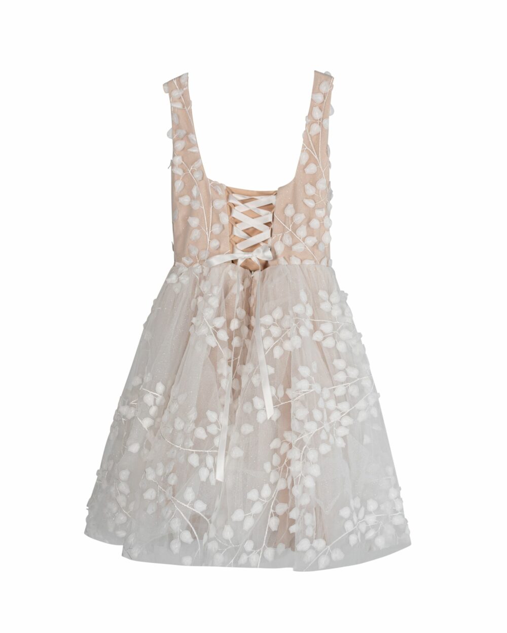 Meisjes jurkje met blaadjes kant en vetersluiting